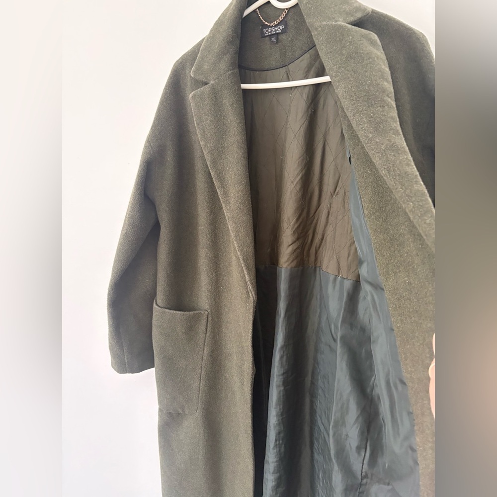 Topshop Khaki Green Longline Brushed Wool Blend Chuck On Coat Patch Pockets 6 - Picture 12 of 13